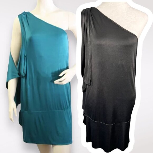 ⚠️FREE⚠️ BCBG MaxAzria One Shoulder Drape Mini Dress Jersey Acetate Small - Picture 1 of 11